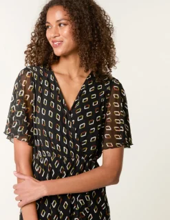 Geometric Mesh Ruffle Wrap Dress