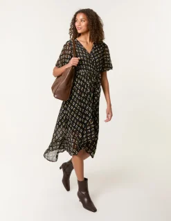 Geometric Mesh Ruffle Wrap Dress