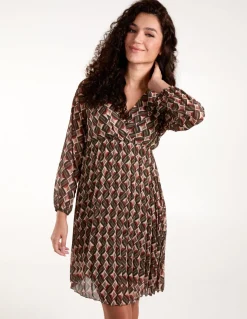 Geometric Print Wrap Front Pleated Dress