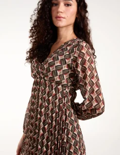 Geometric Print Wrap Front Pleated Dress