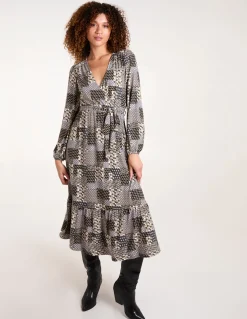 Geometric Wrap Front Belted Midi Dress