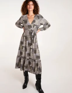 Geometric Wrap Front Belted Midi Dress