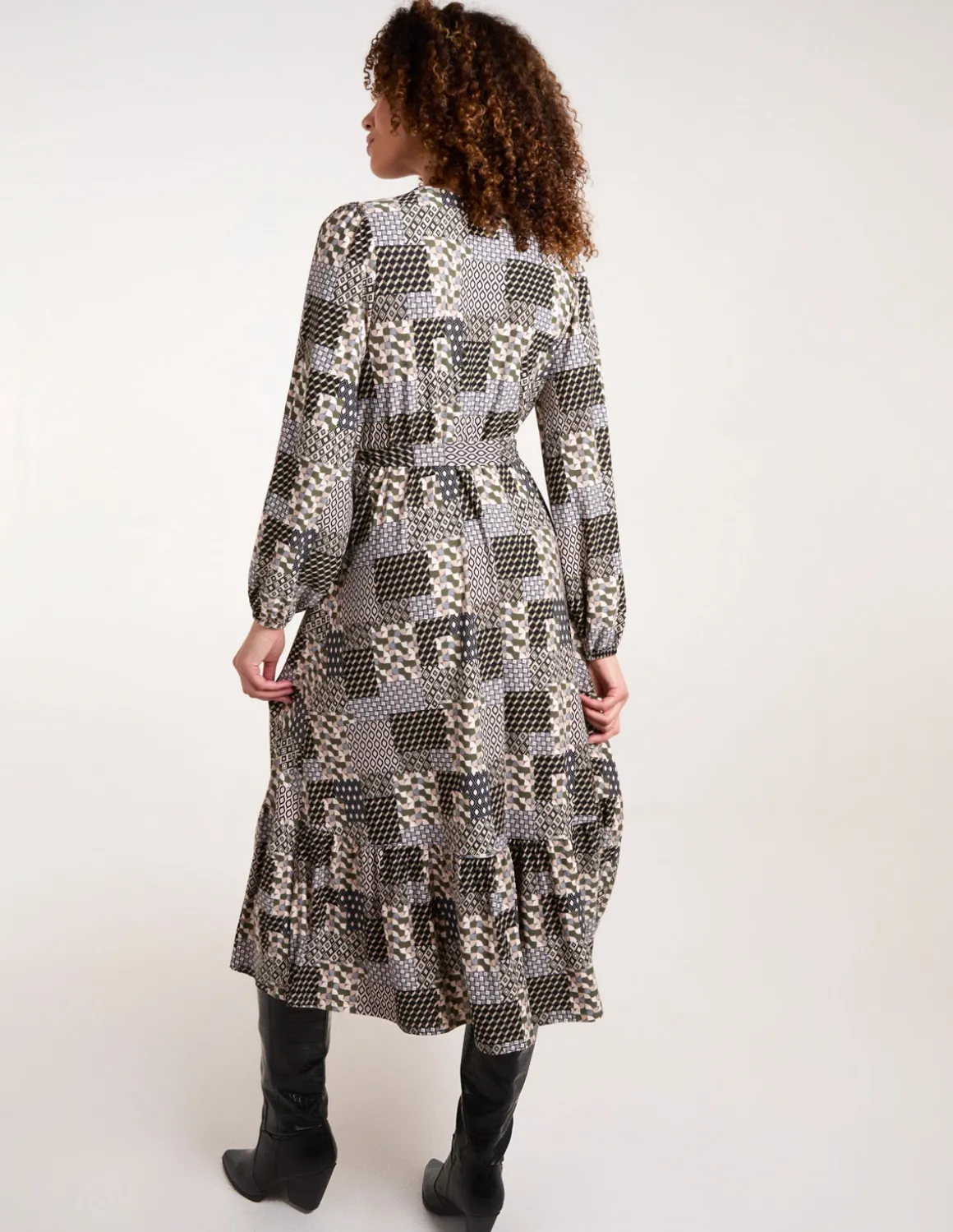 Geometric Wrap Front Belted Midi Dress