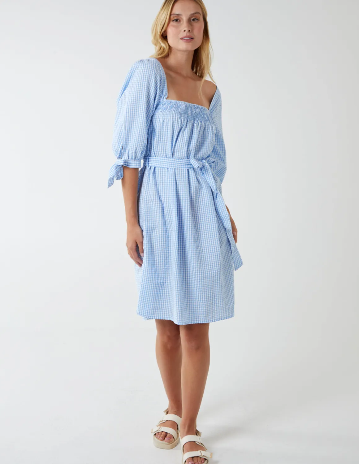 Gingham Milkmaid Square Neck Shirred Swing Dress