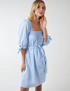 Gingham Milkmaid Square Neck Shirred Swing Dress