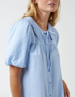 Gingham Shirt Dress With Plunge Ruffle