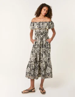 Gold Beaded Bardot Midi Dress