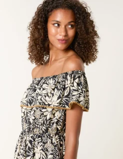 Gold Beaded Bardot Midi Dress