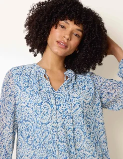 Grandad Tie Neck Puff Hem Watercolour Blouse