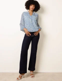Grandad Tie Neck Puff Hem Watercolour Blouse