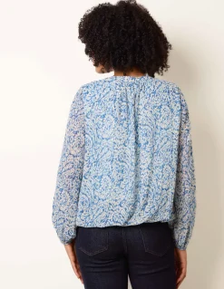 Grandad Tie Neck Puff Hem Watercolour Blouse