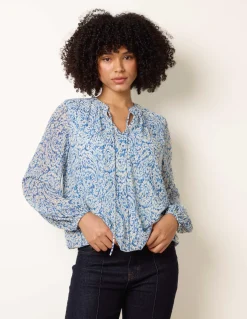 Grandad Tie Neck Puff Hem Watercolour Blouse