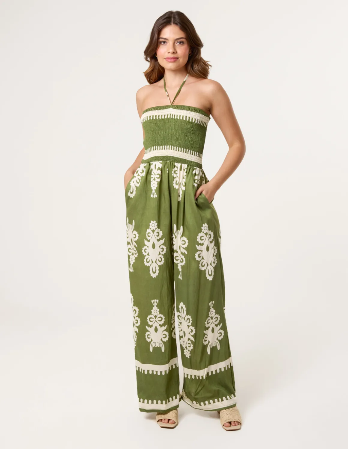 Halter Neck Shirred Waist Jumpsuit