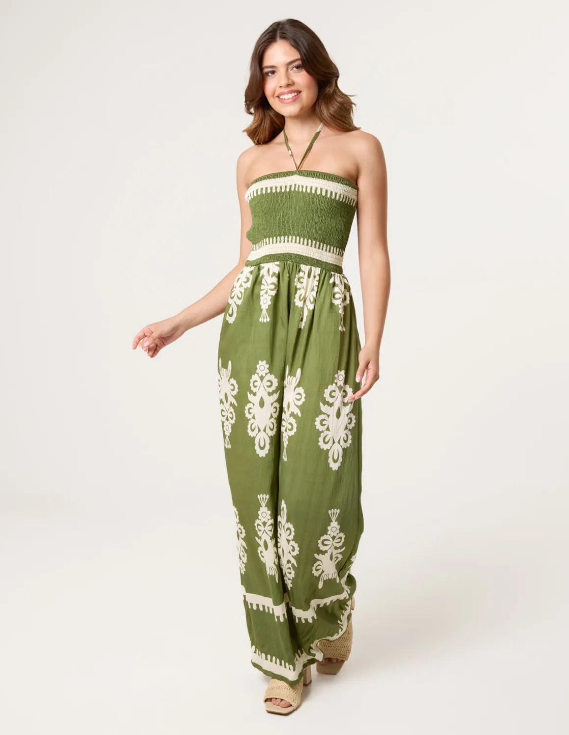 Halter Neck Shirred Waist Jumpsuit