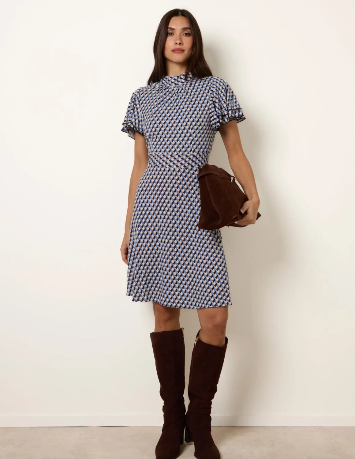 High Neck Angel Sleeve Mini Dress