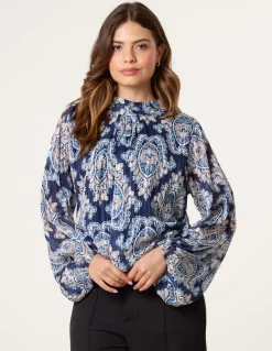 High Neck Bubble Hem Printed Blouse