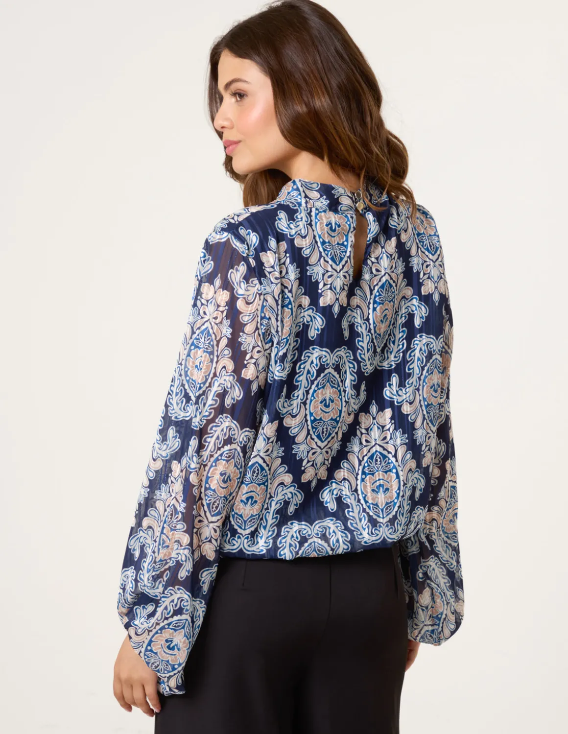 High Neck Bubble Hem Printed Blouse