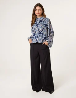 High Neck Bubble Hem Printed Blouse