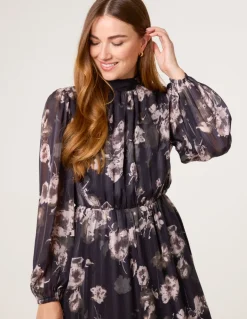 High Neck Floral Puffball Pleated Midi Dress