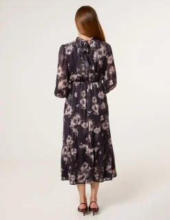 High Neck Floral Puffball Pleated Midi Dress
