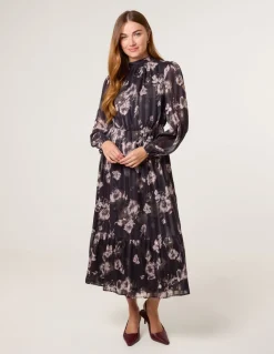 High Neck Floral Puffball Pleated Midi Dress