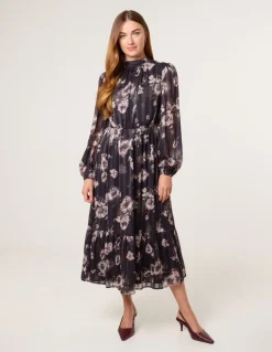 High Neck Floral Puffball Pleated Midi Dress