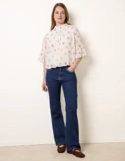 High Neck Frill Sleeve Dobby Floral Print Puffball Blouse