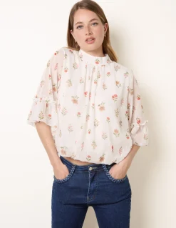 High Neck Frill Sleeve Dobby Floral Print Puffball Blouse