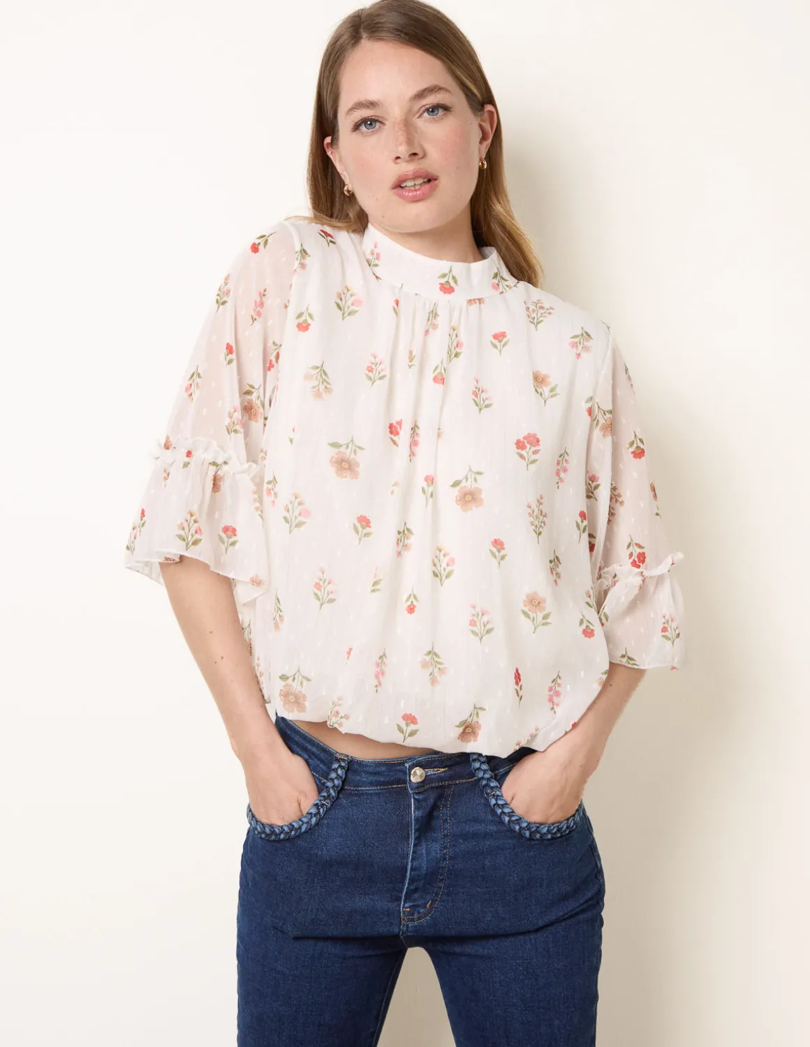High Neck Frill Sleeve Dobby Floral Print Puffball Blouse