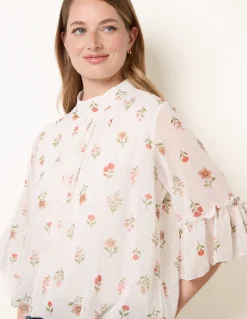 High Neck Frill Sleeve Dobby Floral Print Puffball Blouse