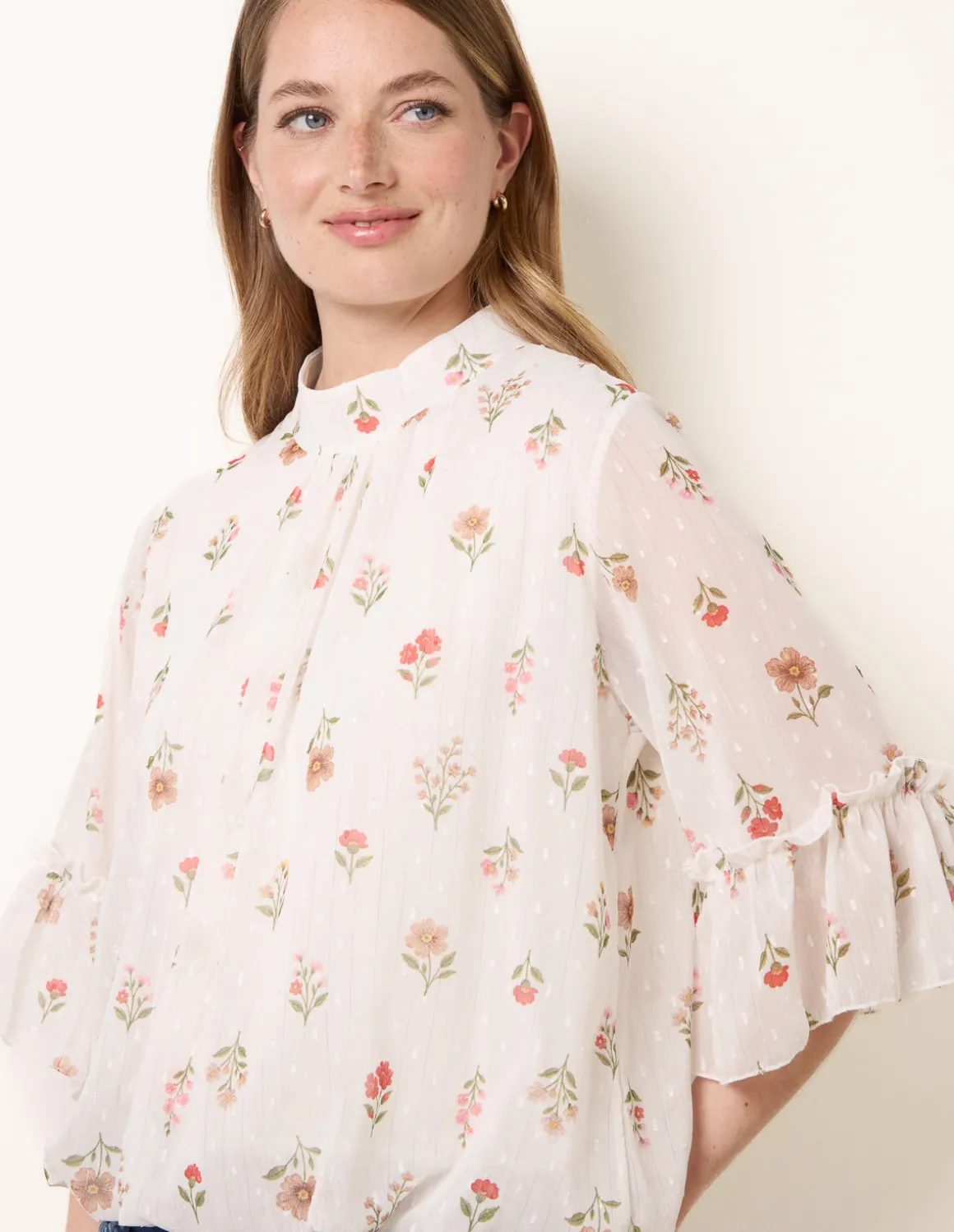 High Neck Frill Sleeve Dobby Floral Print Puffball Blouse