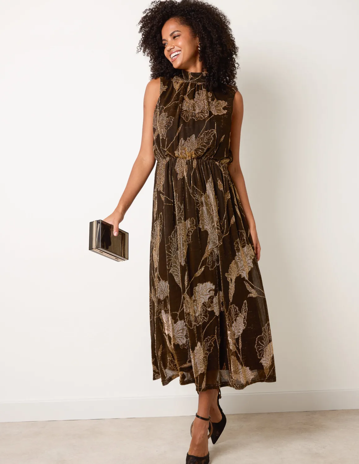 High Neck Jacquard Midi Dress
