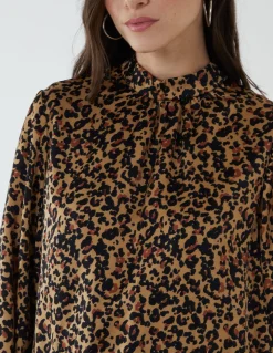 High Neck Leopard Print Satin Blouson Top