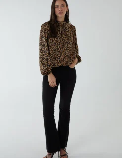 High Neck Leopard Print Satin Blouson Top