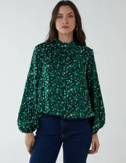 High Neck Leopard Print Satin Blouson Top