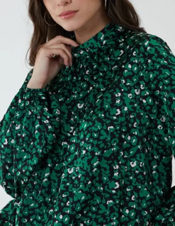 High Neck Leopard Print Satin Blouson Top