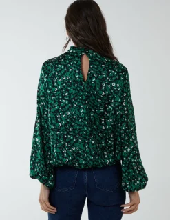 High Neck Leopard Print Satin Blouson Top