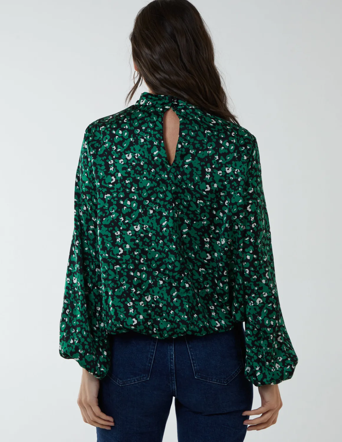 High Neck Leopard Print Satin Blouson Top