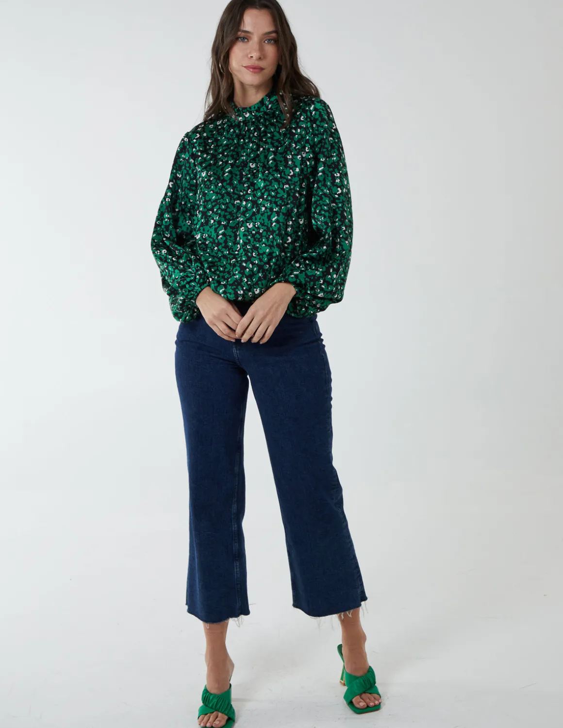 High Neck Leopard Print Satin Blouson Top