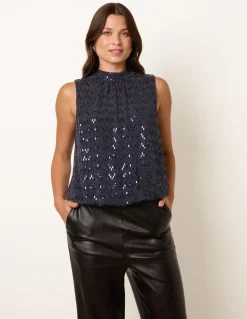 High Neck Metallic Puff Ball Blouse
