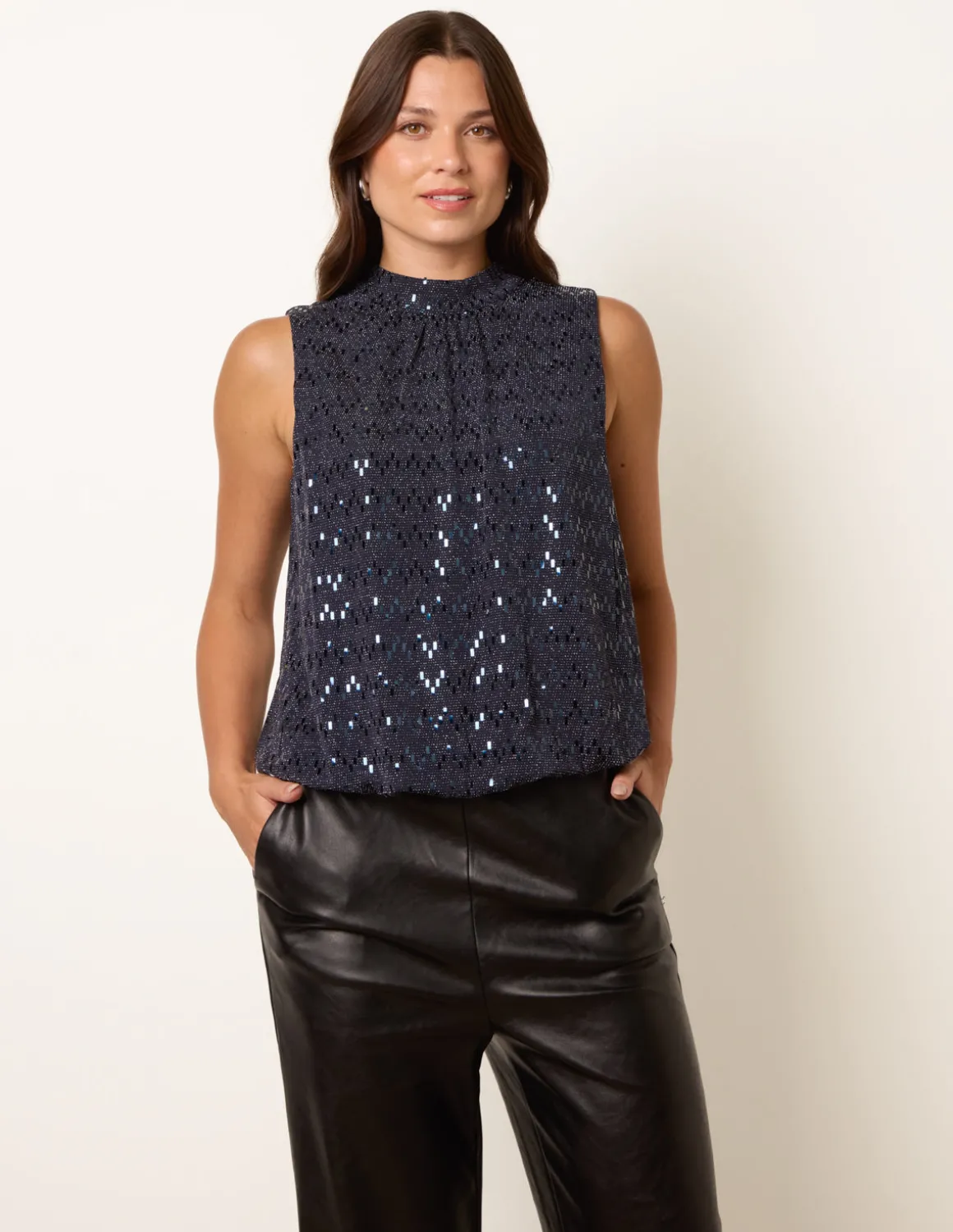 High Neck Metallic Puff Ball Blouse