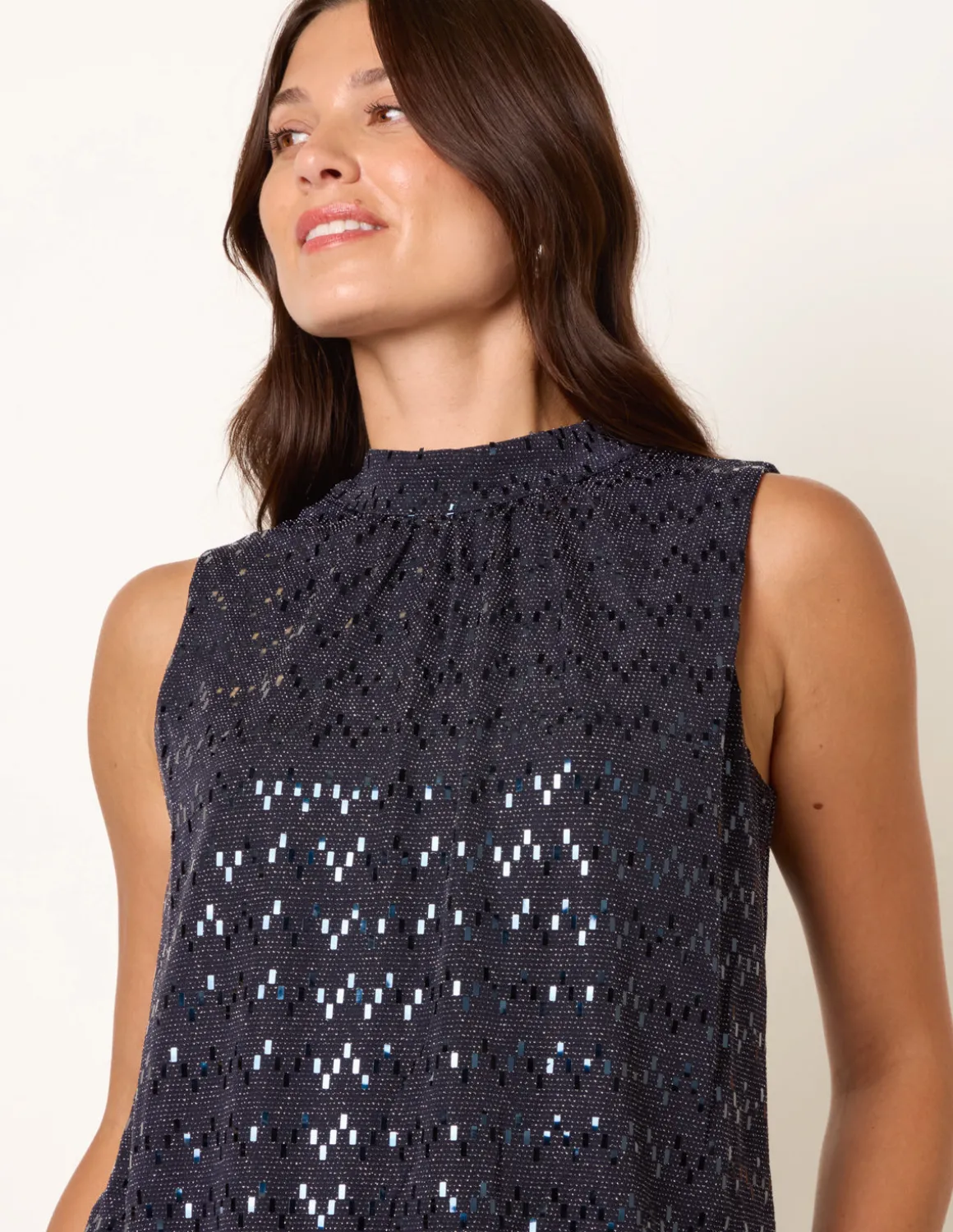 High Neck Metallic Puff Ball Blouse