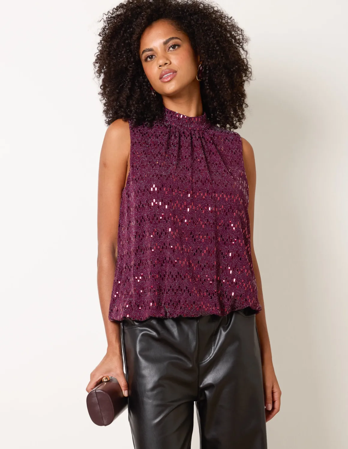 High Neck Metallic Puff Ball Blouse