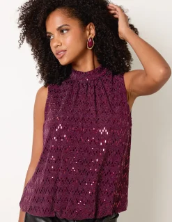 High Neck Metallic Puff Ball Blouse