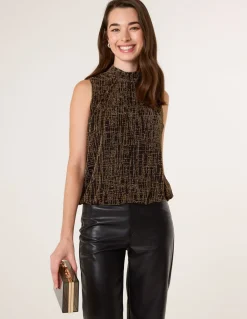 High Neck Metallic Puffball Sleeveless Blouse