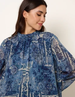 High Neck Paisley Print Puffball Top