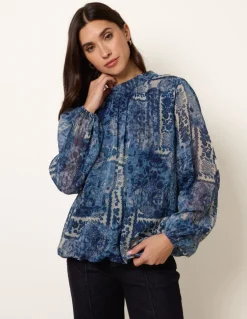 High Neck Paisley Print Puffball Top