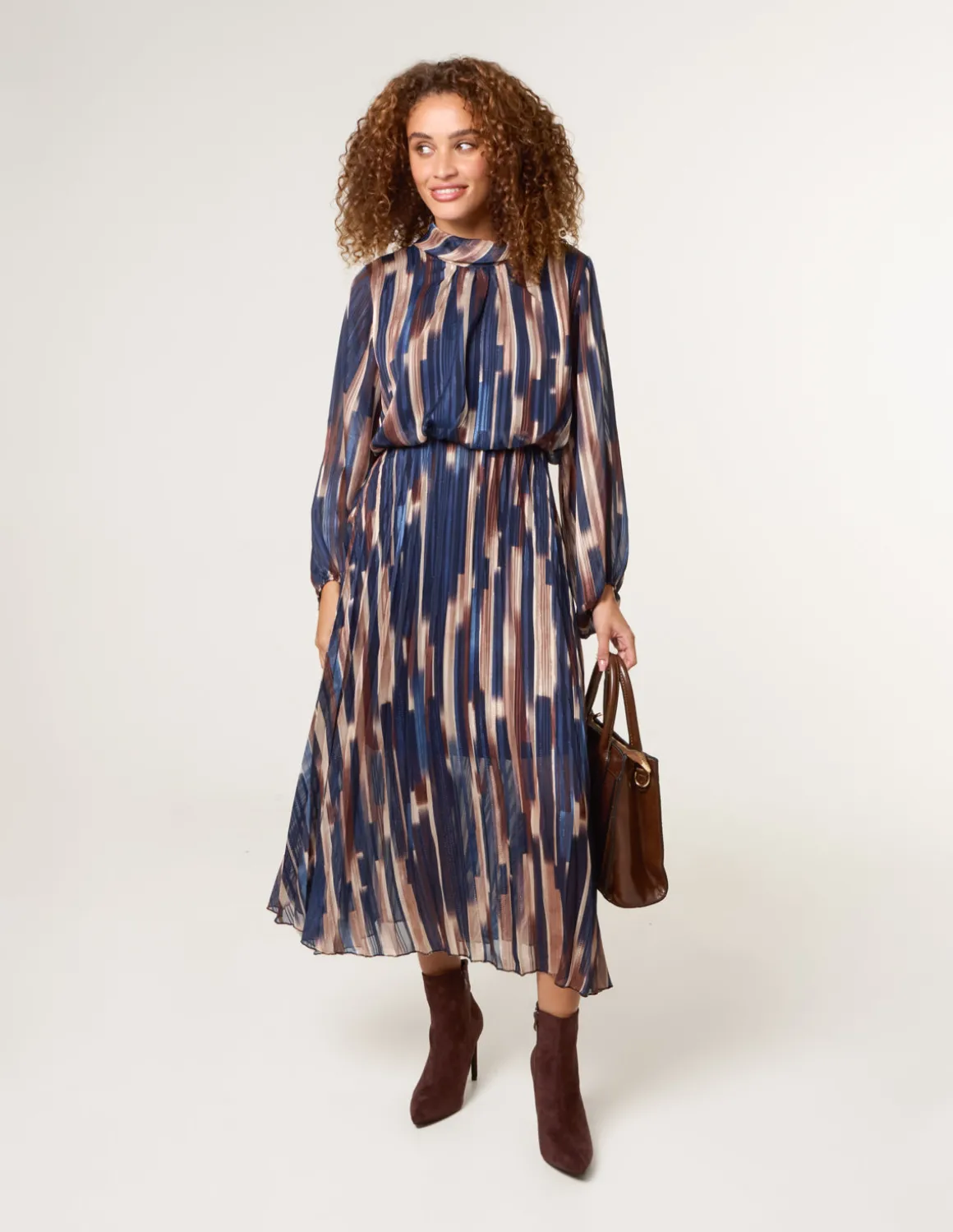 High Neck Printed Dress With Elasticated Waist
