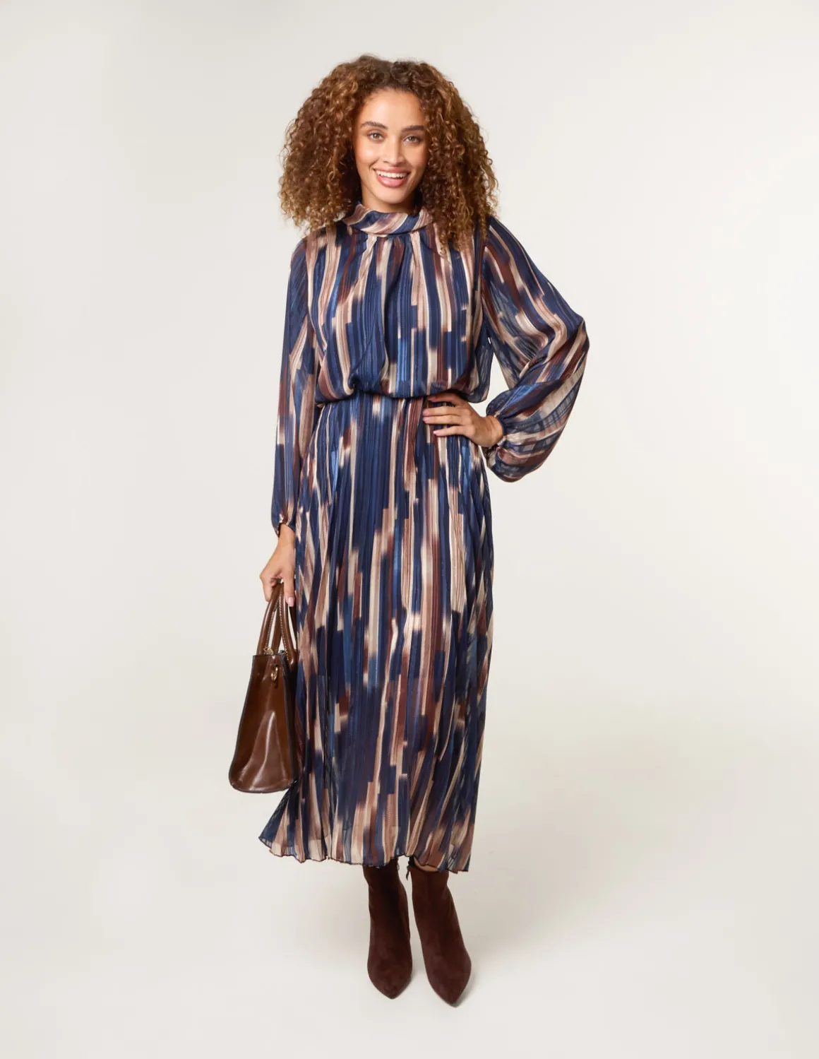 High Neck Printed Dress With Elasticated Waist