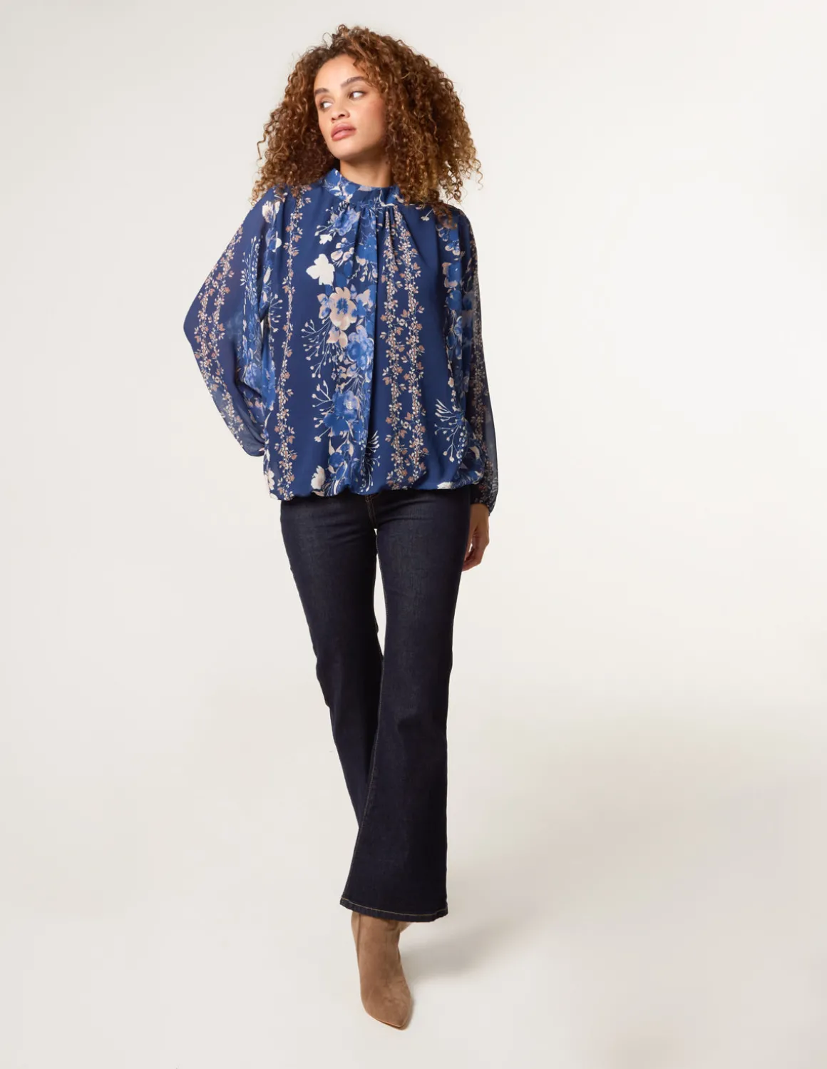 High Neck Puffball Floral Blouse